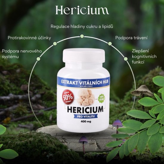 Hericium 50%, Lví hříva min.50% polysacharidů a 20% Beta glukanů