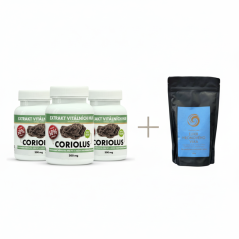 Výhodné balení Coriolus 50% (3X Coriolus 50% 120 kapslí + Houbová káva "Elixír Hromového Vlka" ZDARMA)