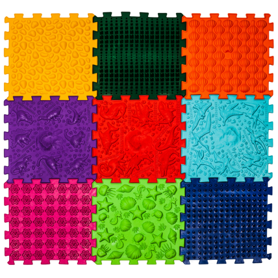 Masážní podložka Puzzle Dinosauři 9 prvků + 6 trojúhelníků - Počet prvků: 16