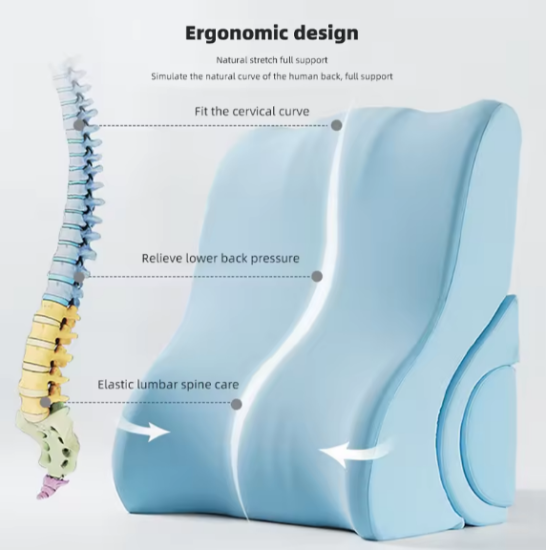 Anatomický polštář pod záda s paměťovým efektem a přídavným válcem modrý