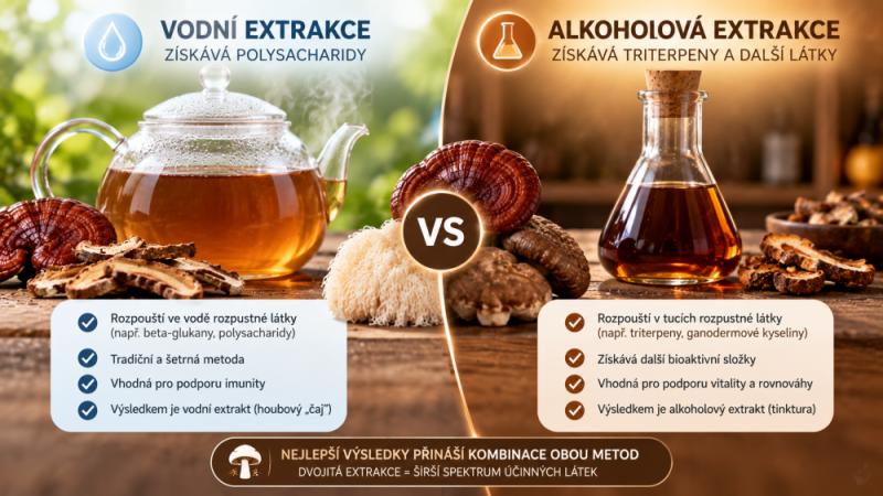 Vodní nebo alkoholová extrakce hub: jaký je rozdíl?