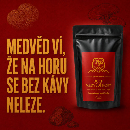 Houbová káva "Duch Medvědí Hory"  (Káva Arabica, Lví Hříva, Reishi, Chaga) 250 g