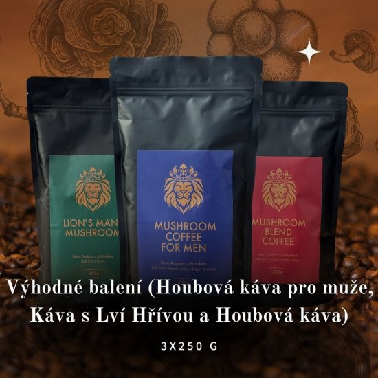 Výhodné balení (Houbová káva pro muže, Káva s Lví Hřívou a Houbová káva) 3x250 g