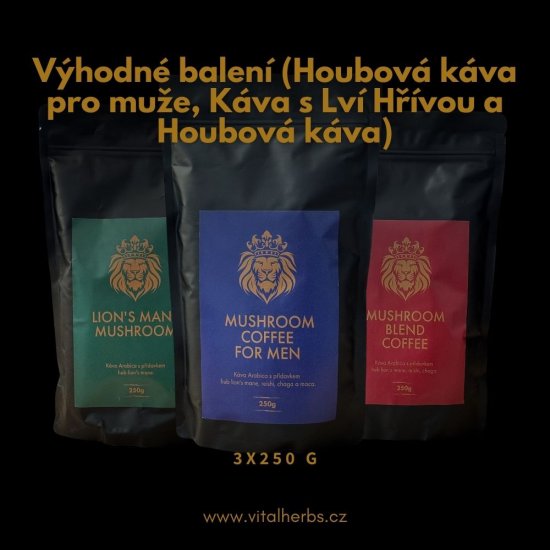 Výhodné balení (Houbová káva pro muže, Káva s Lví Hřívou a Houbová káva) 3x250 g