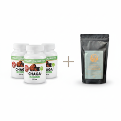 Výhodné balení Chaga 50% (3X Chaga 50% 120 kapslí + Houbová káva "Moudrost Tichých Hor" ZDARMA)