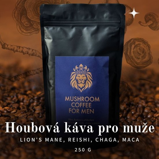 Houbová káva pro muže (káva Arabica, lví hříva, reishi, chaga, maca) 250 g