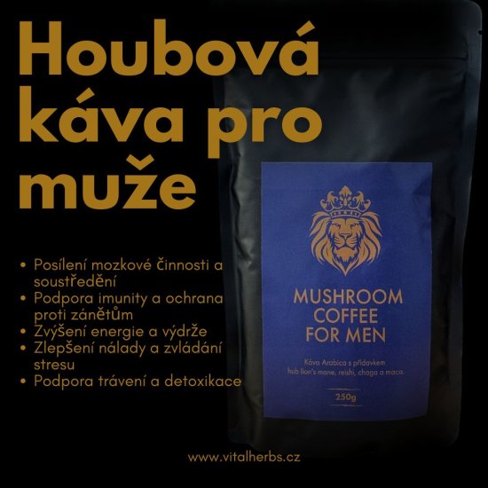 Houbová káva pro muže (káva Arabica, lví hříva, reishi, chaga, maca) 250 g