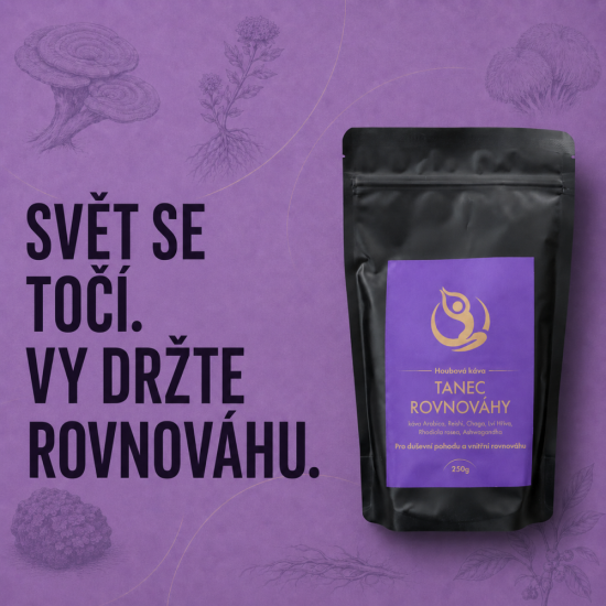 Houbová káva "Tanec Rovnováhy" (káva Arabica, Reishi, Chaga, Lví hříva, Rhodiola rosea, Ashwagandha) 250 g
