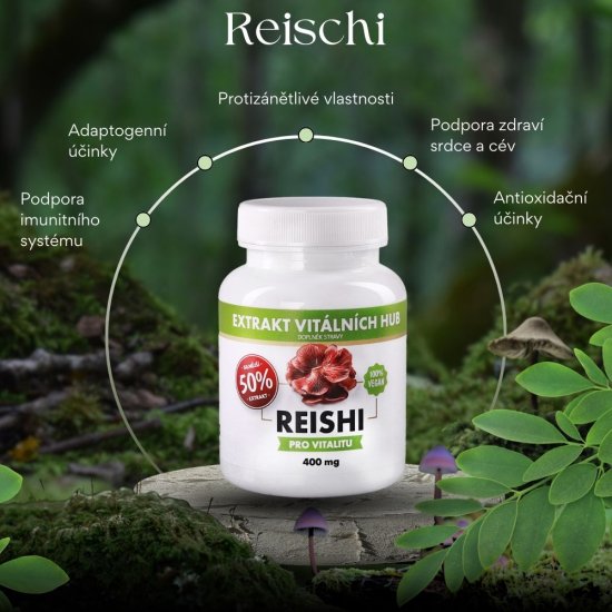 Reishi 50% - Leskokorka lesklá min.50% polysacharidů a 20% Beta glukanů